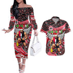Merry Christmas AFL Saints Couples Matching Off The Shoulder Long Sleeve Dress and Hawaiian Shirt Aboriginal Santa Football Mascot