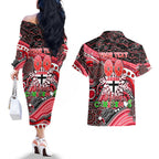 Merry Christmas AFL Saints Couples Matching Off The Shoulder Long Sleeve Dress and Hawaiian Shirt Aboriginal Santa Football Mascot