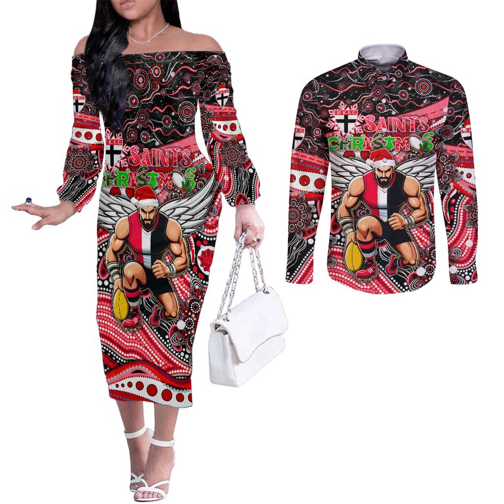 Merry Christmas AFL Saints Couples Matching Off The Shoulder Long Sleeve Dress and Long Sleeve Button Shirt Aboriginal Santa Football Mascot