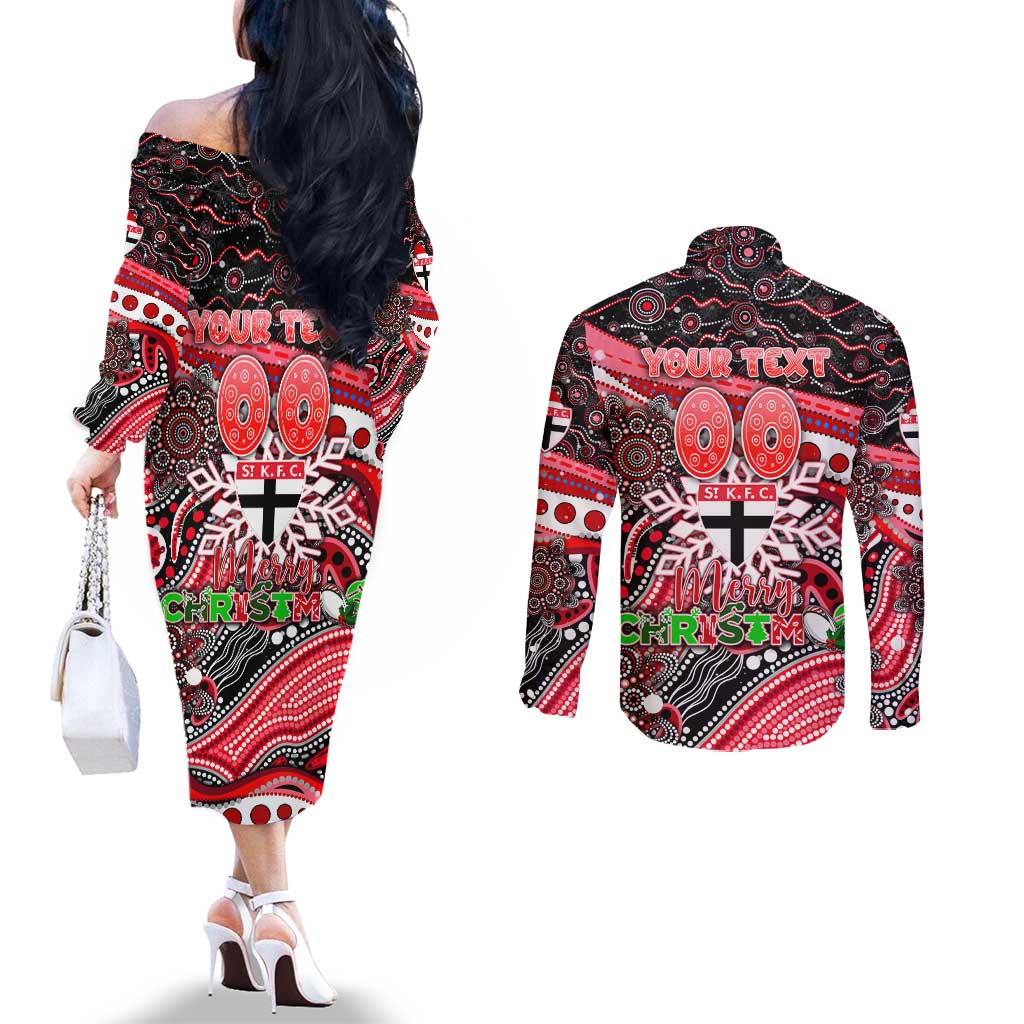 Merry Christmas AFL Saints Couples Matching Off The Shoulder Long Sleeve Dress and Long Sleeve Button Shirt Aboriginal Santa Football Mascot