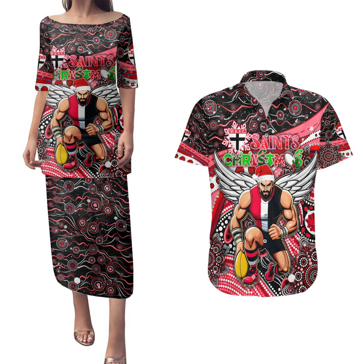 Merry Christmas AFL Saints Couples Matching Puletasi and Hawaiian Shirt Aboriginal Santa Football Mascot