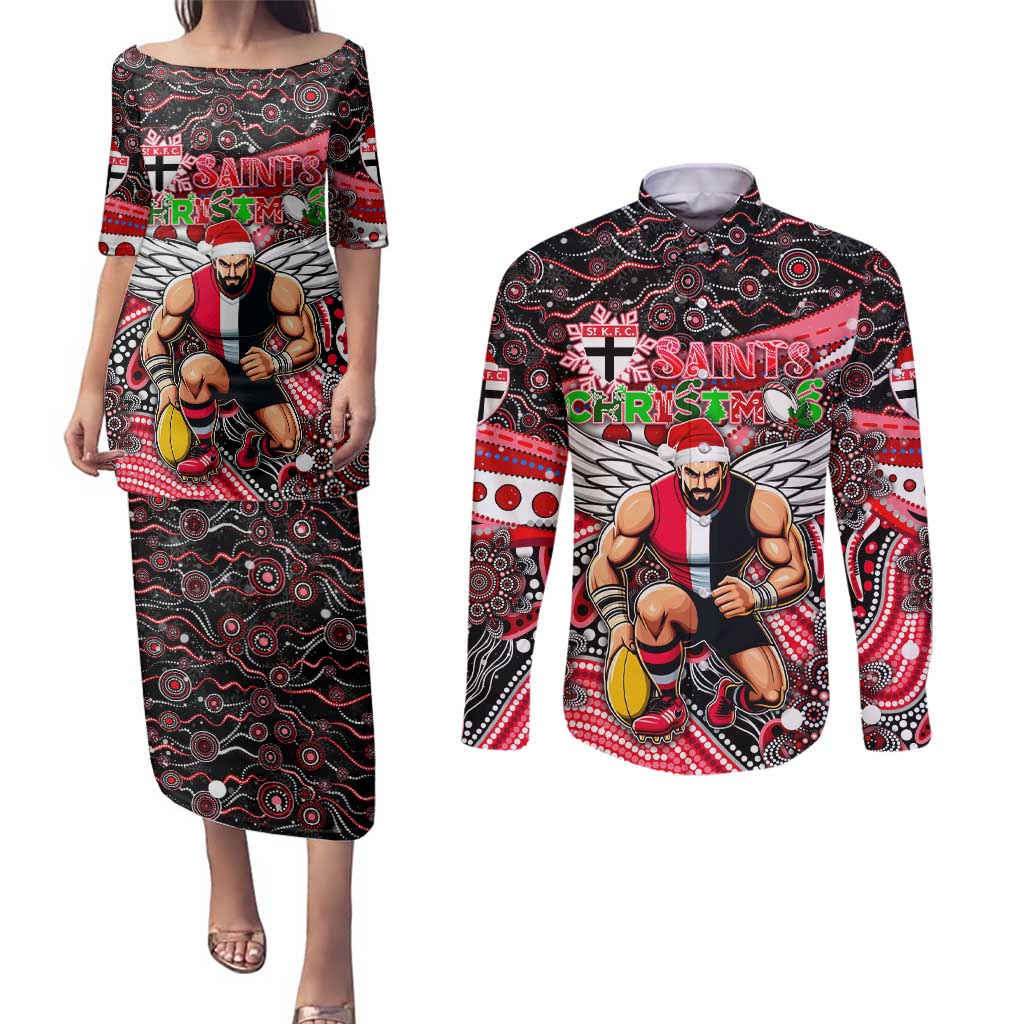 Merry Christmas AFL Saints Couples Matching Puletasi and Long Sleeve Button Shirt Aboriginal Santa Football Mascot