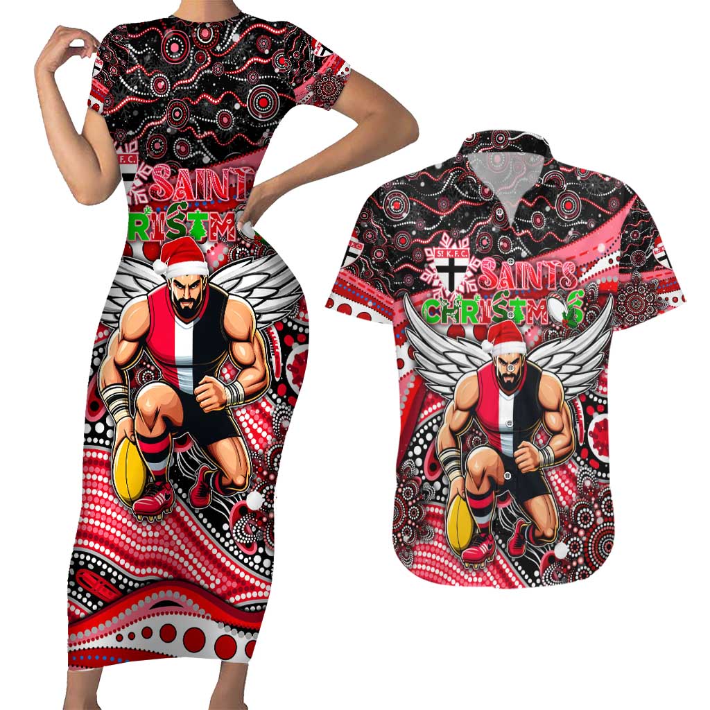 Merry Christmas AFL Saints Couples Matching Short Sleeve Bodycon Dress and Hawaiian Shirt Aboriginal Santa Football Mascot