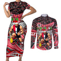 Merry Christmas AFL Saints Couples Matching Short Sleeve Bodycon Dress and Long Sleeve Button Shirt Aboriginal Santa Football Mascot