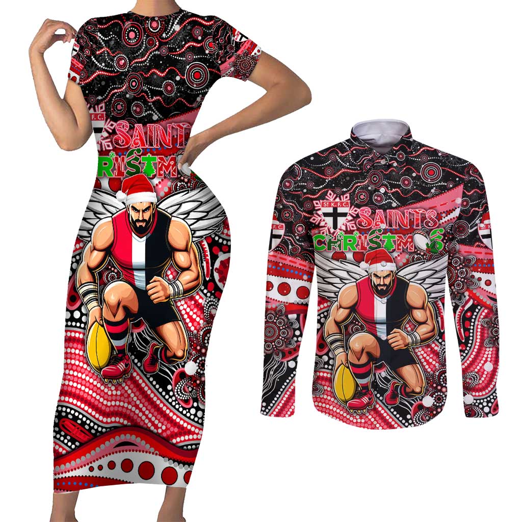 Merry Christmas AFL Saints Couples Matching Short Sleeve Bodycon Dress and Long Sleeve Button Shirt Aboriginal Santa Football Mascot