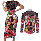 Merry Christmas AFL Saints Couples Matching Short Sleeve Bodycon Dress and Long Sleeve Button Shirt Aboriginal Santa Football Mascot