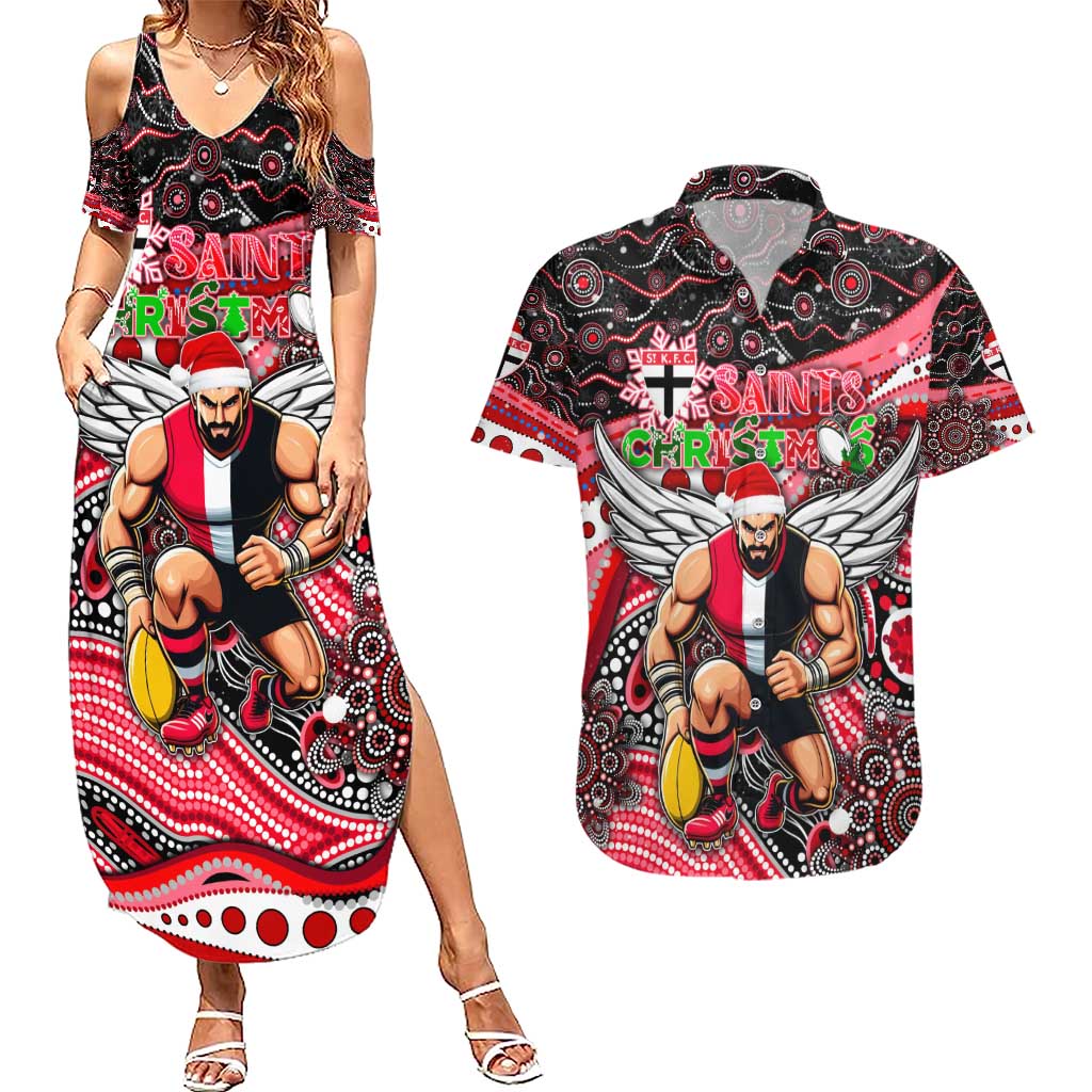 Merry Christmas AFL Saints Couples Matching Summer Maxi Dress and Hawaiian Shirt Aboriginal Santa Football Mascot