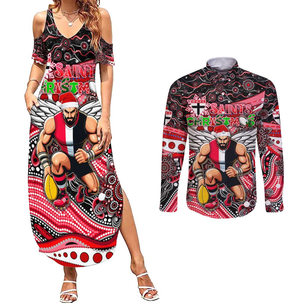 Merry Christmas AFL Saints Couples Matching Summer Maxi Dress and Long Sleeve Button Shirt Aboriginal Santa Football Mascot
