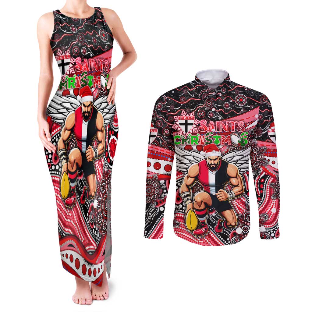 Merry Christmas AFL Saints Couples Matching Tank Maxi Dress and Long Sleeve Button Shirt Aboriginal Santa Football Mascot