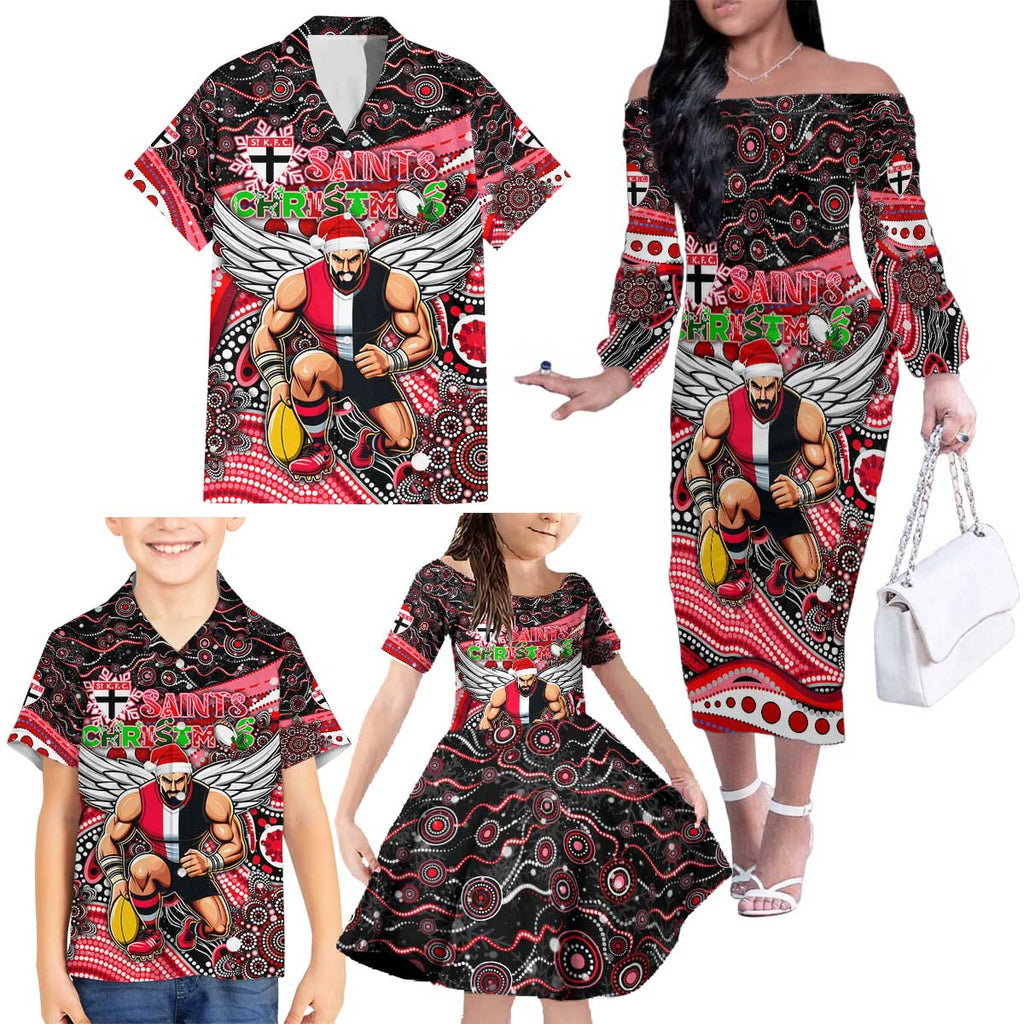 Merry Christmas AFL Saints Family Matching Off The Shoulder Long Sleeve Dress and Hawaiian Shirt Aboriginal Santa Football Mascot