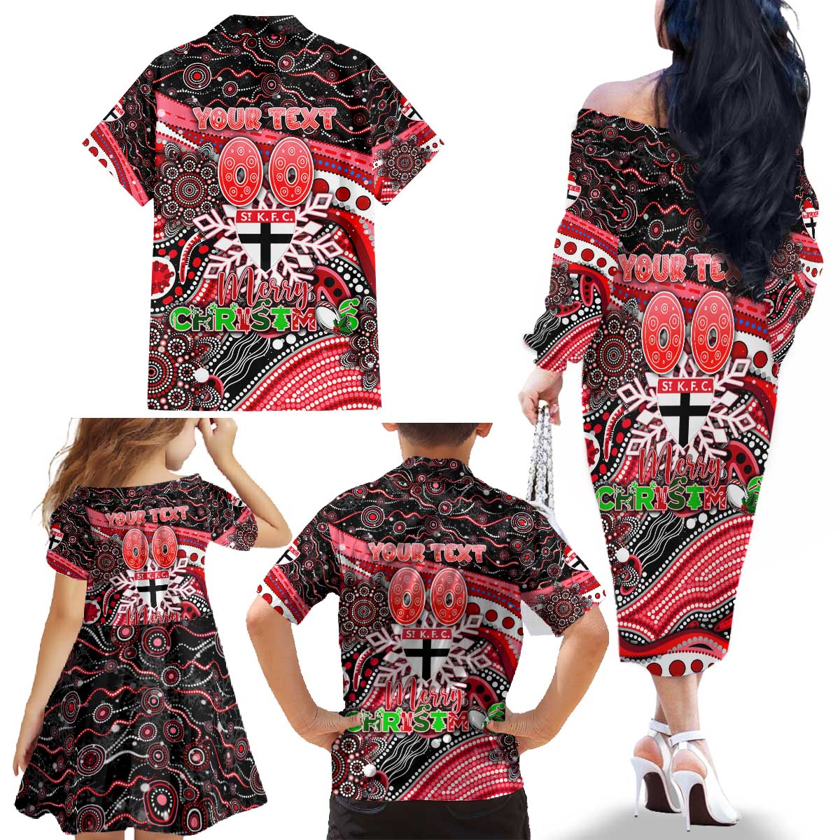 Merry Christmas AFL Saints Family Matching Off The Shoulder Long Sleeve Dress and Hawaiian Shirt Aboriginal Santa Football Mascot