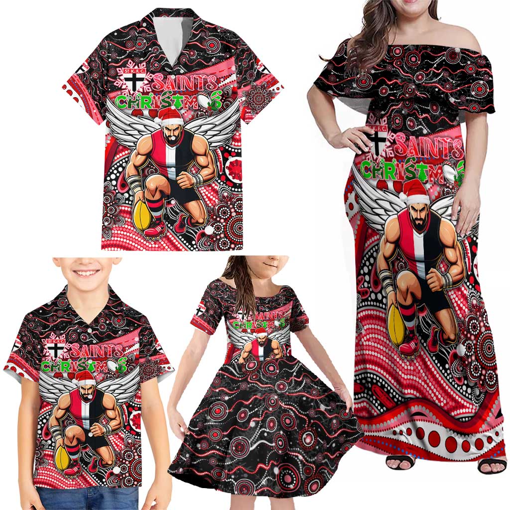 Merry Christmas AFL Saints Family Matching Off Shoulder Maxi Dress and Hawaiian Shirt Aboriginal Santa Football Mascot