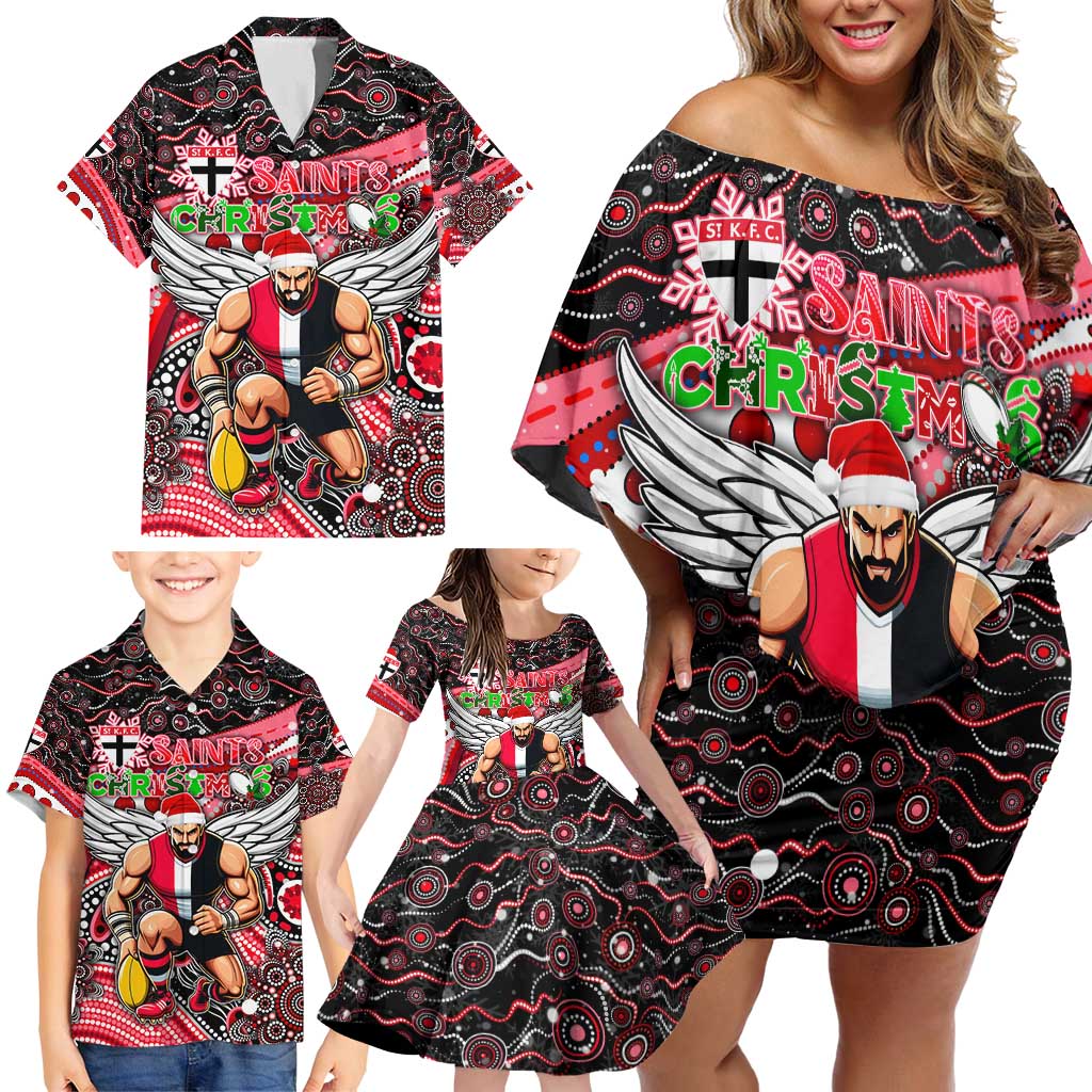 Merry Christmas AFL Saints Family Matching Off Shoulder Short Dress and Hawaiian Shirt Aboriginal Santa Football Mascot