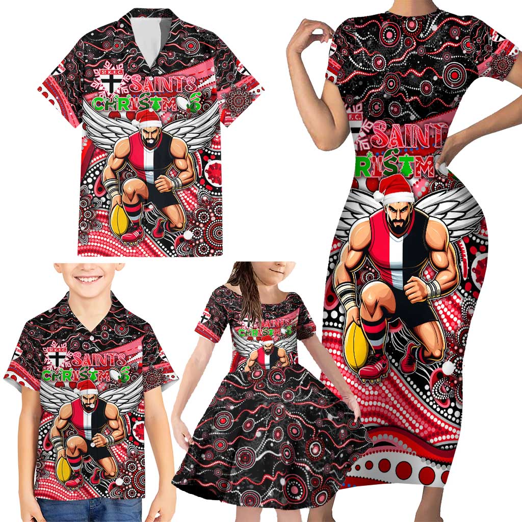Merry Christmas AFL Saints Family Matching Short Sleeve Bodycon Dress and Hawaiian Shirt Aboriginal Santa Football Mascot