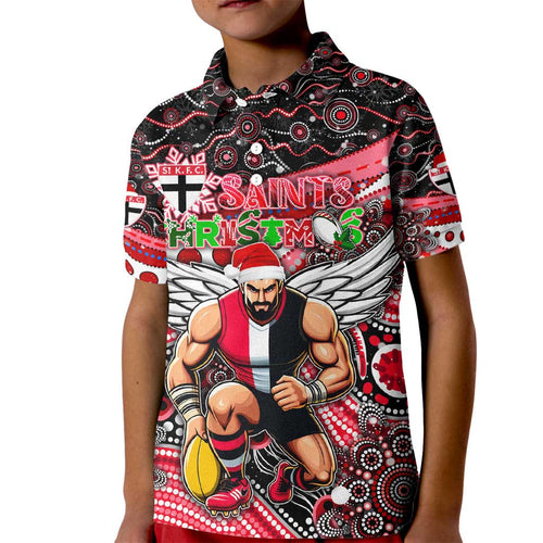 Merry Christmas AFL Saints Kid Polo Shirt Aboriginal Santa Football Mascot