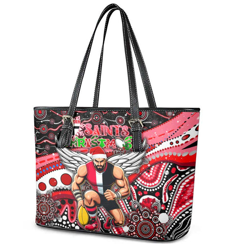Merry Christmas AFL Saints Leather Tote Bag Aboriginal Santa Football Mascot