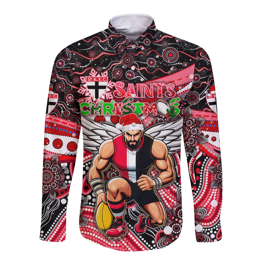 Merry Christmas AFL Saints Long Sleeve Button Shirt Aboriginal Santa Football Mascot