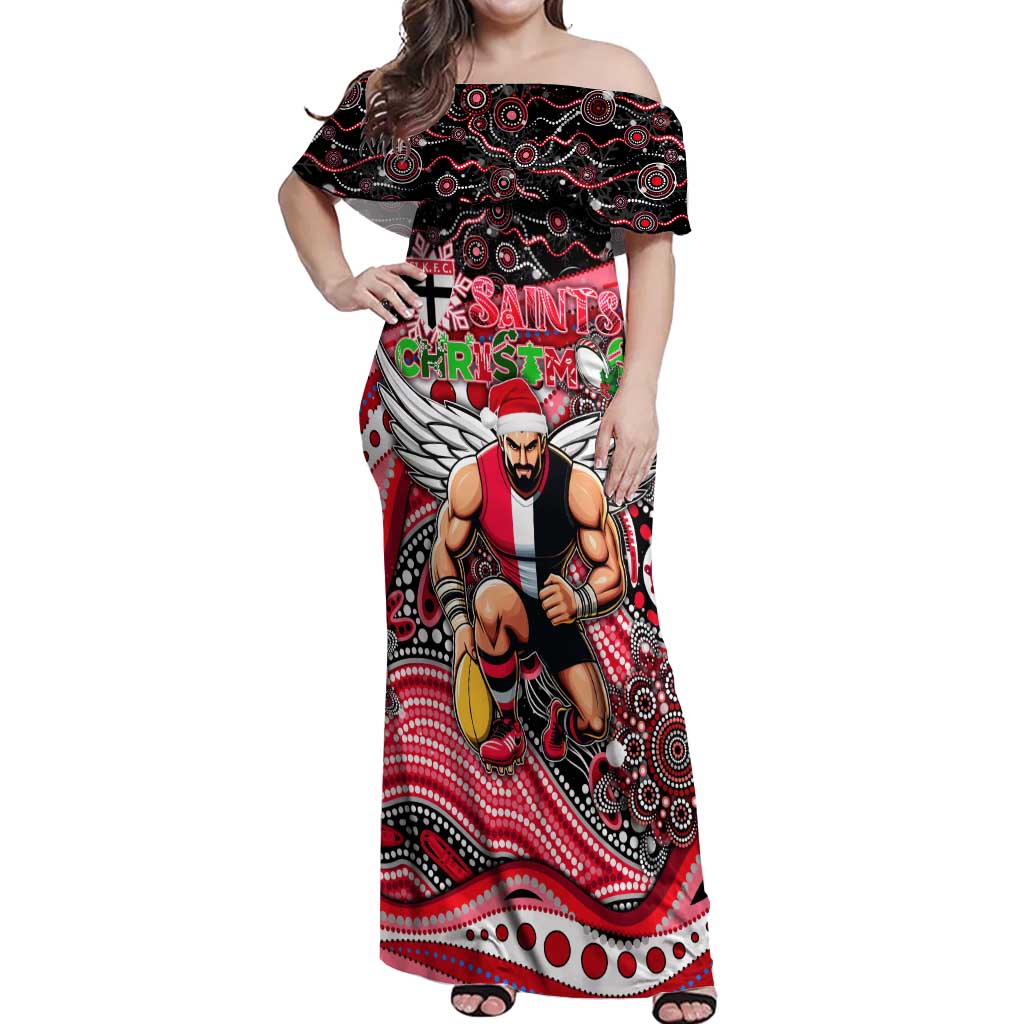 Merry Christmas AFL Saints Off Shoulder Maxi Dress Aboriginal Santa Football Mascot