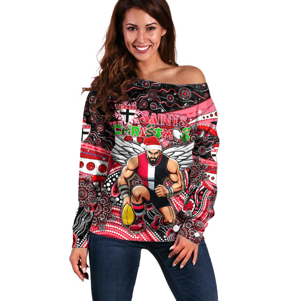 Merry Christmas AFL Saints Off Shoulder Sweater Aboriginal Santa Football Mascot