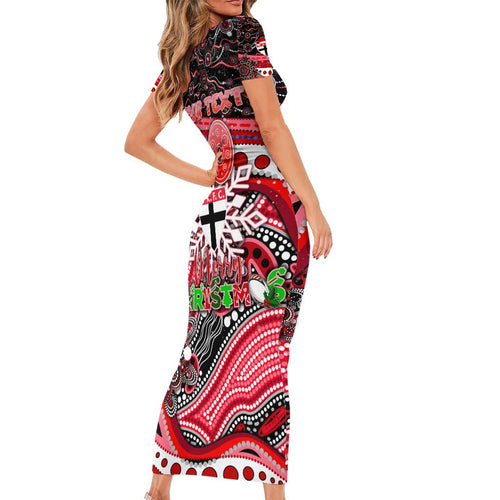 Merry Christmas AFL Saints Short Sleeve Bodycon Dress Aboriginal Santa Football Mascot