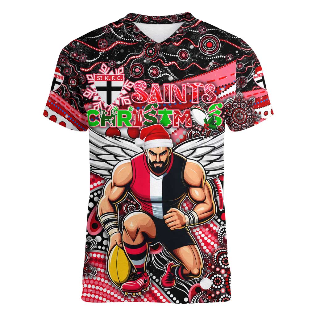 Merry Christmas AFL Saints Women V-Neck T-Shirt Aboriginal Santa Football Mascot
