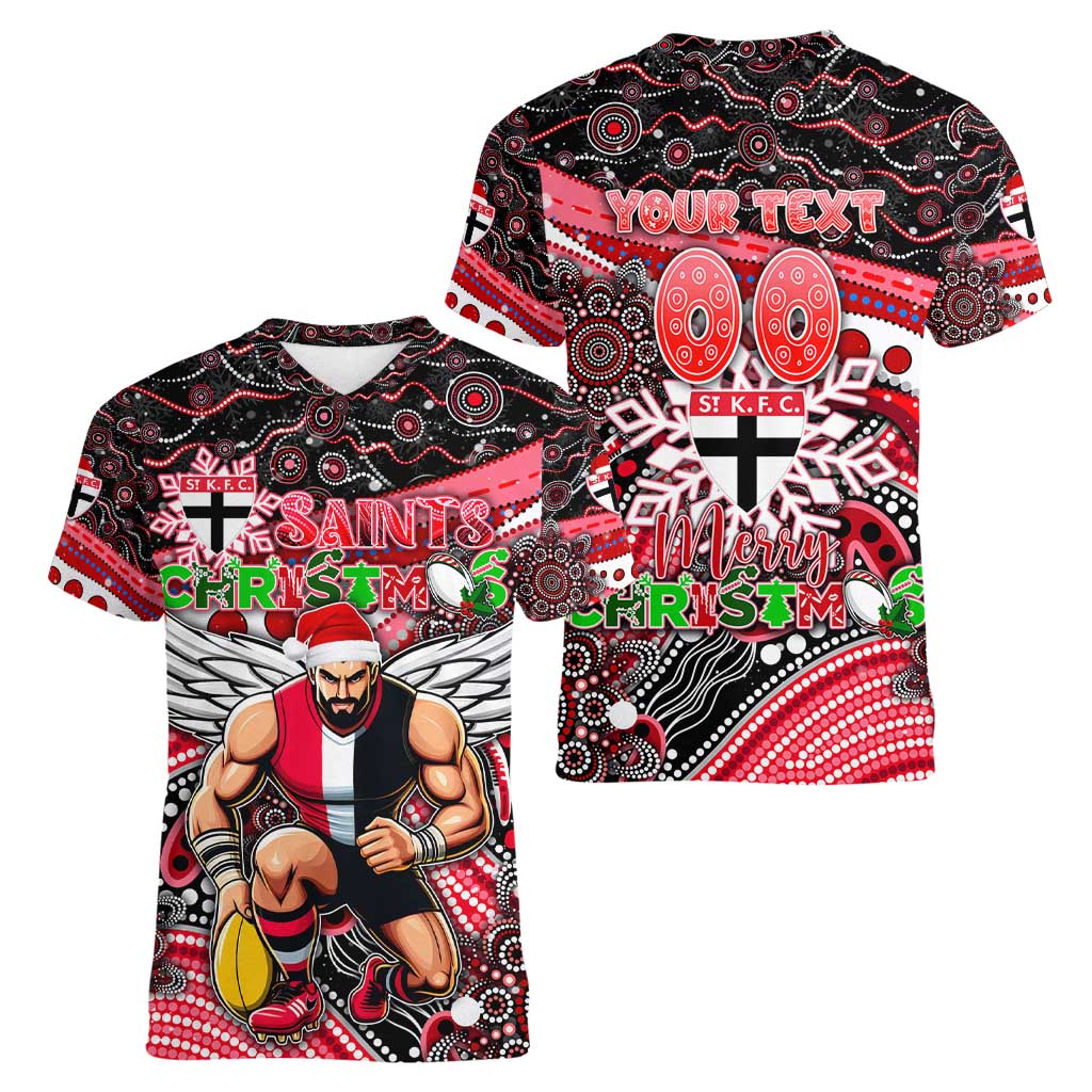 Merry Christmas AFL Saints Women V-Neck T-Shirt Aboriginal Santa Football Mascot