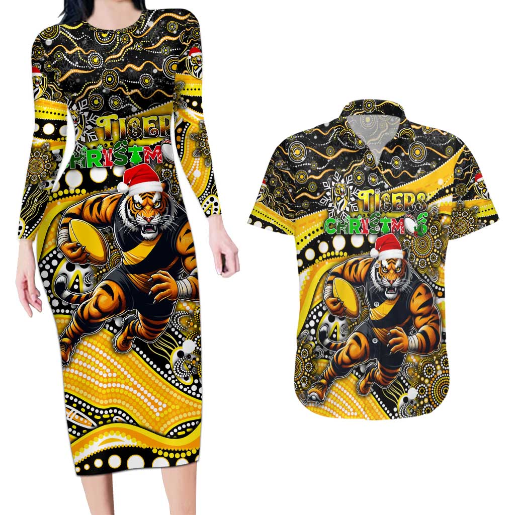 Merry Christmas AFL Richmond Tigers Couples Matching Long Sleeve Bodycon Dress and Hawaiian Shirt Aboriginal Santa Football Mascot