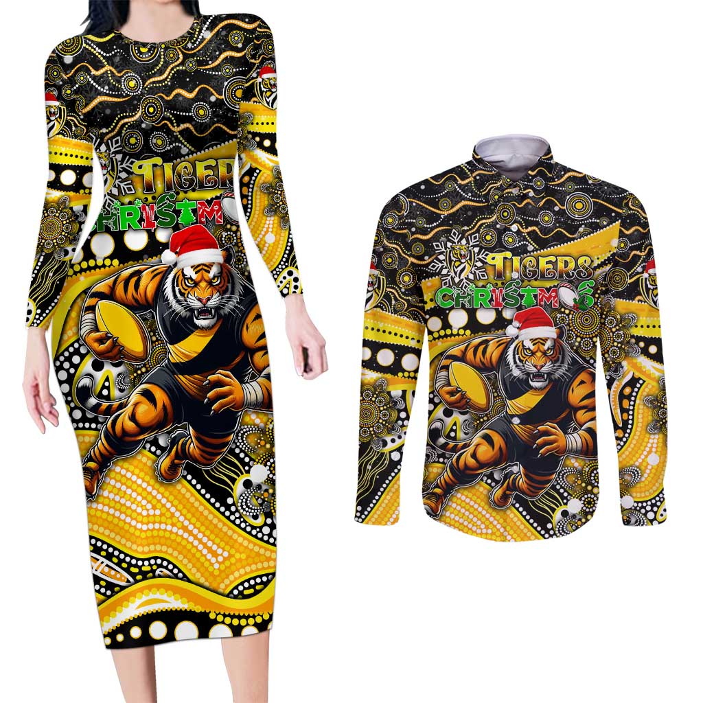 Merry Christmas AFL Richmond Tigers Couples Matching Long Sleeve Bodycon Dress and Long Sleeve Button Shirt Aboriginal Santa Football Mascot