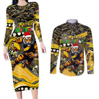 Merry Christmas AFL Richmond Tigers Couples Matching Long Sleeve Bodycon Dress and Long Sleeve Button Shirt Aboriginal Santa Football Mascot