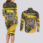 Merry Christmas AFL Richmond Tigers Couples Matching Long Sleeve Bodycon Dress and Long Sleeve Button Shirt Aboriginal Santa Football Mascot