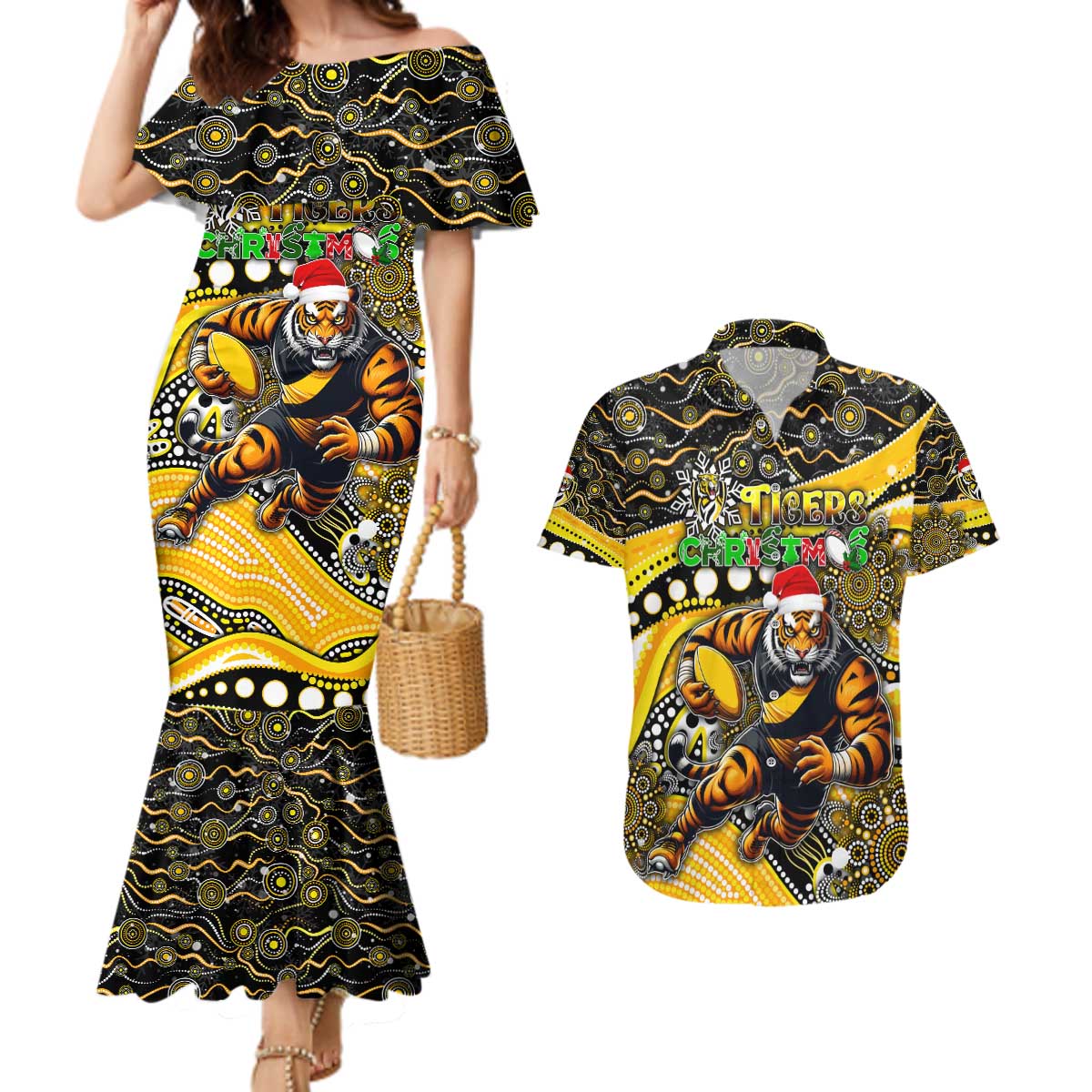 Merry Christmas AFL Richmond Tigers Couples Matching Mermaid Dress and Hawaiian Shirt Aboriginal Santa Football Mascot