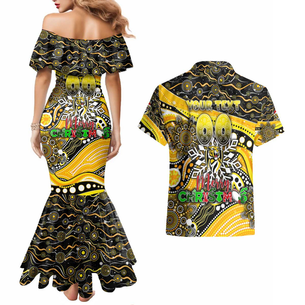 Merry Christmas AFL Richmond Tigers Couples Matching Mermaid Dress and Hawaiian Shirt Aboriginal Santa Football Mascot