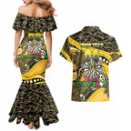 Merry Christmas AFL Richmond Tigers Couples Matching Mermaid Dress and Hawaiian Shirt Aboriginal Santa Football Mascot