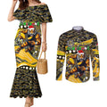 Merry Christmas AFL Richmond Tigers Couples Matching Mermaid Dress and Long Sleeve Button Shirt Aboriginal Santa Football Mascot