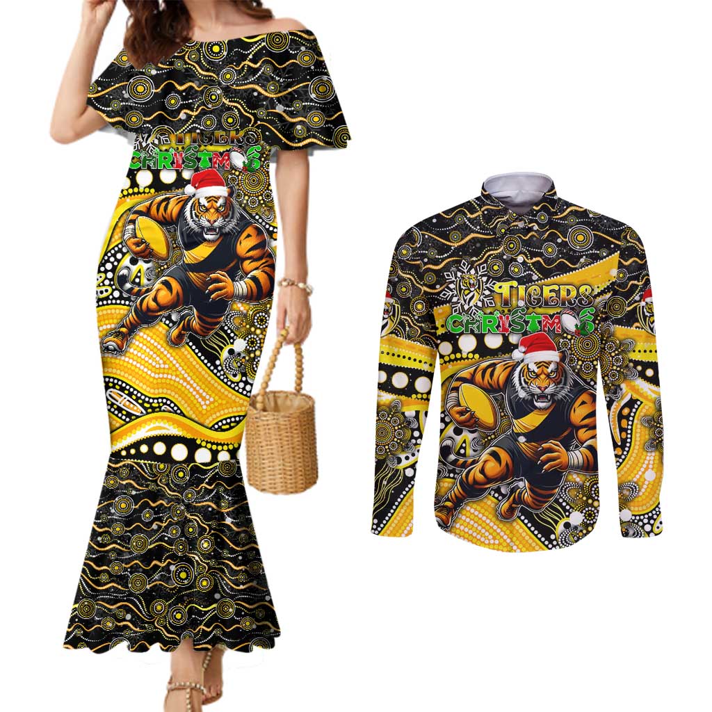 Merry Christmas AFL Richmond Tigers Couples Matching Mermaid Dress and Long Sleeve Button Shirt Aboriginal Santa Football Mascot