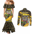 Merry Christmas AFL Richmond Tigers Couples Matching Mermaid Dress and Long Sleeve Button Shirt Aboriginal Santa Football Mascot
