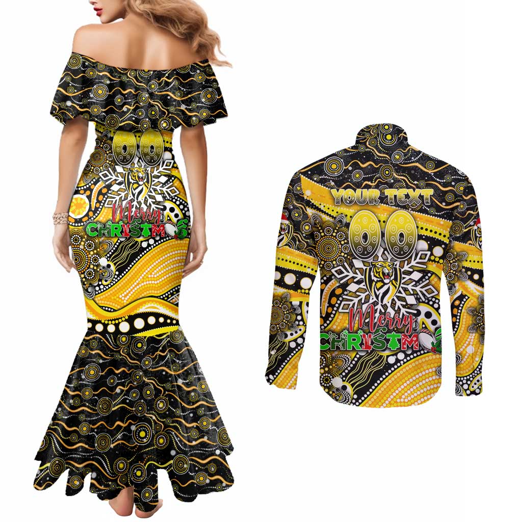 Merry Christmas AFL Richmond Tigers Couples Matching Mermaid Dress and Long Sleeve Button Shirt Aboriginal Santa Football Mascot