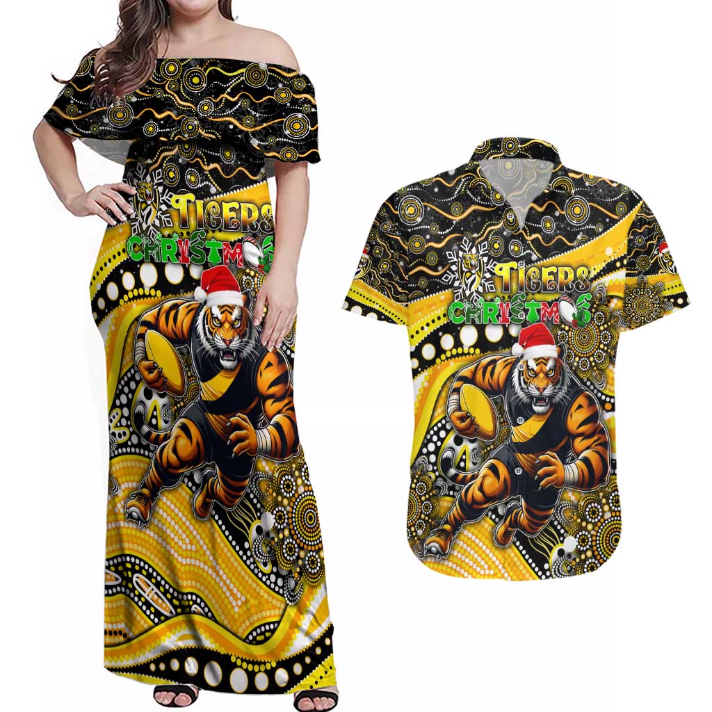 Merry Christmas AFL Richmond Tigers Couples Matching Off Shoulder Maxi Dress and Hawaiian Shirt Aboriginal Santa Football Mascot