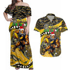 Merry Christmas AFL Richmond Tigers Couples Matching Off Shoulder Maxi Dress and Hawaiian Shirt Aboriginal Santa Football Mascot
