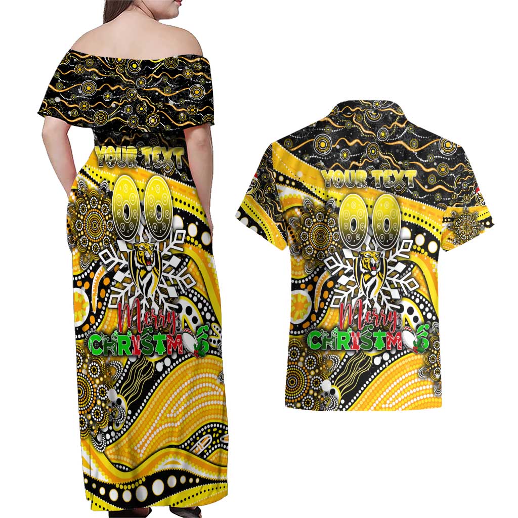 Merry Christmas AFL Richmond Tigers Couples Matching Off Shoulder Maxi Dress and Hawaiian Shirt Aboriginal Santa Football Mascot