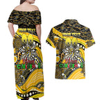 Merry Christmas AFL Richmond Tigers Couples Matching Off Shoulder Maxi Dress and Hawaiian Shirt Aboriginal Santa Football Mascot