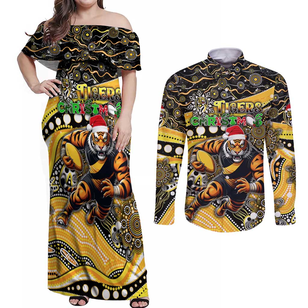 Merry Christmas AFL Richmond Tigers Couples Matching Off Shoulder Maxi Dress and Long Sleeve Button Shirt Aboriginal Santa Football Mascot
