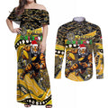 Merry Christmas AFL Richmond Tigers Couples Matching Off Shoulder Maxi Dress and Long Sleeve Button Shirt Aboriginal Santa Football Mascot