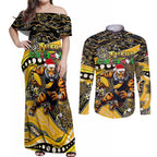 Merry Christmas AFL Richmond Tigers Couples Matching Off Shoulder Maxi Dress and Long Sleeve Button Shirt Aboriginal Santa Football Mascot