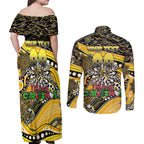 Merry Christmas AFL Richmond Tigers Couples Matching Off Shoulder Maxi Dress and Long Sleeve Button Shirt Aboriginal Santa Football Mascot