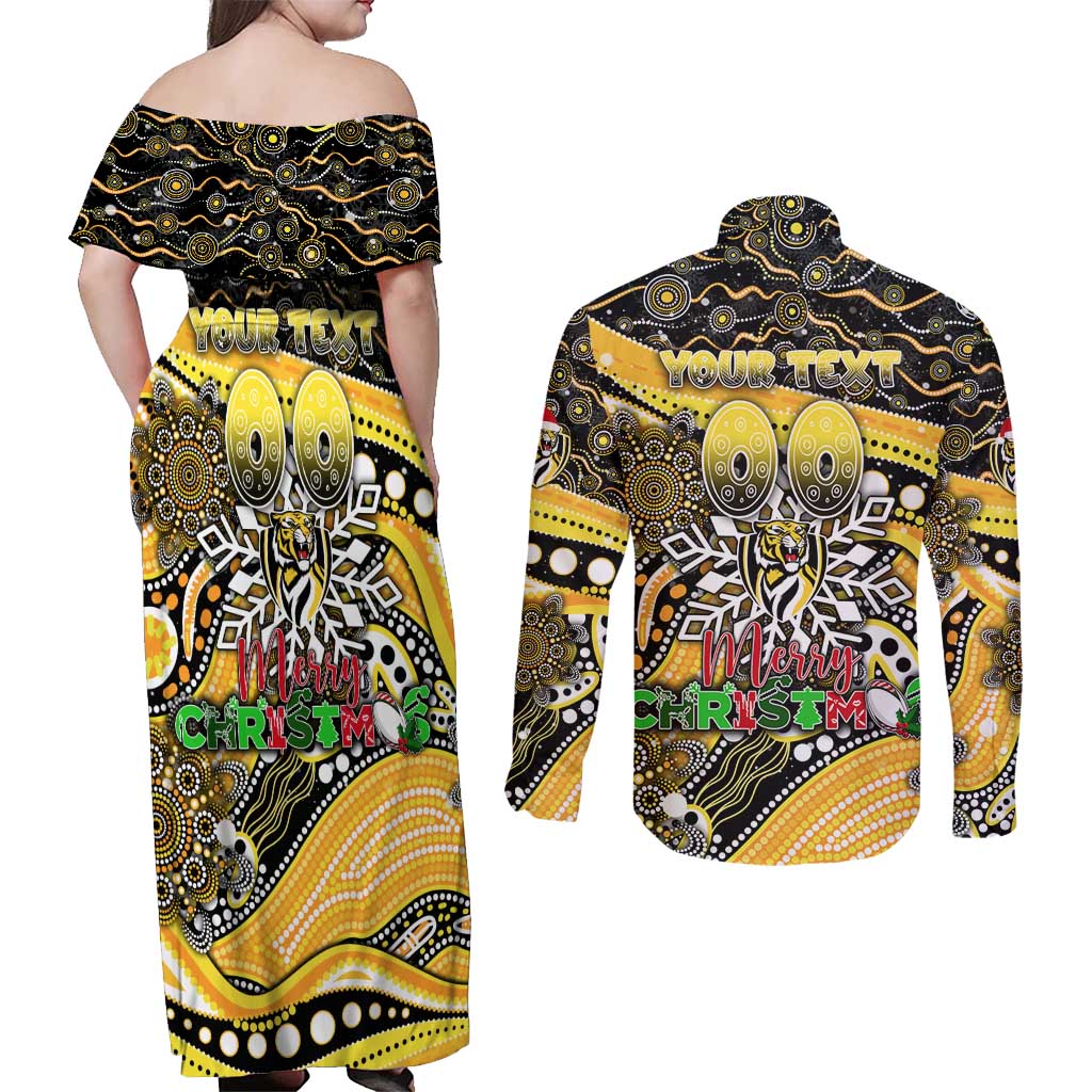 Merry Christmas AFL Richmond Tigers Couples Matching Off Shoulder Maxi Dress and Long Sleeve Button Shirt Aboriginal Santa Football Mascot