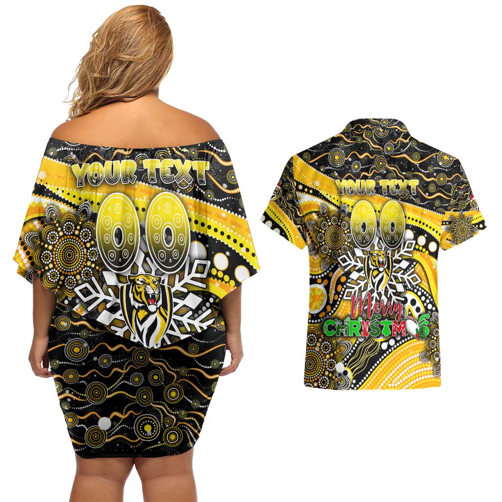 Merry Christmas AFL Richmond Tigers Couples Matching Off Shoulder Short Dress and Hawaiian Shirt Aboriginal Santa Football Mascot