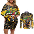 Merry Christmas AFL Richmond Tigers Couples Matching Off Shoulder Short Dress and Long Sleeve Button Shirt Aboriginal Santa Football Mascot