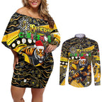 Merry Christmas AFL Richmond Tigers Couples Matching Off Shoulder Short Dress and Long Sleeve Button Shirt Aboriginal Santa Football Mascot