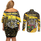 Merry Christmas AFL Richmond Tigers Couples Matching Off Shoulder Short Dress and Long Sleeve Button Shirt Aboriginal Santa Football Mascot